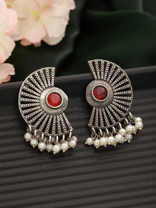 women's long chain earrings-Red & Oxidised Silver-Toned Contemporary Studs Earrings