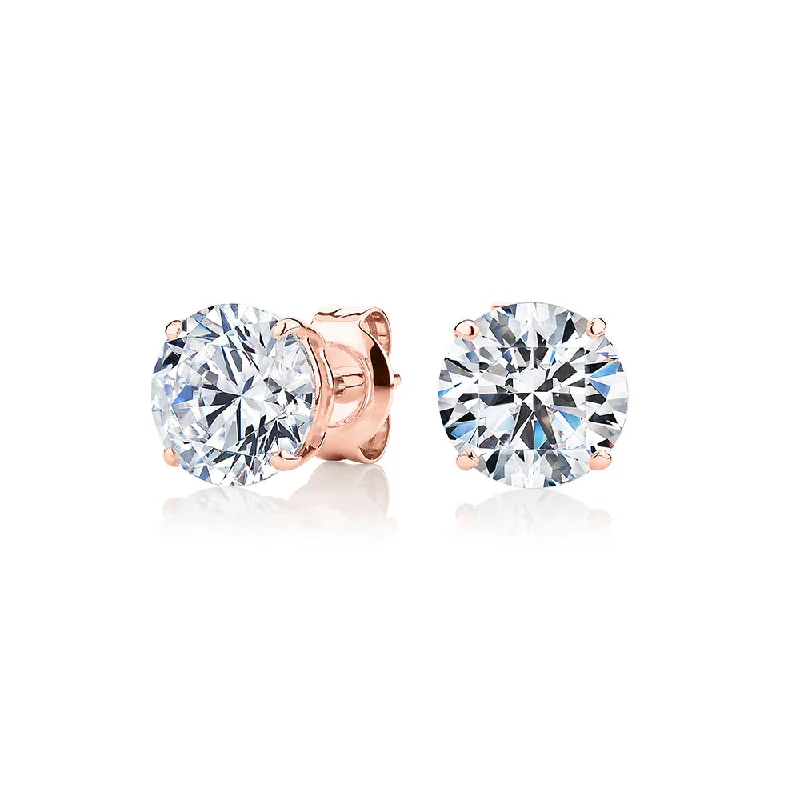 women's animal-shaped earrings-Round Brilliant stud earrings with 3 carats* of diamond simulants in 10 carat rose gold