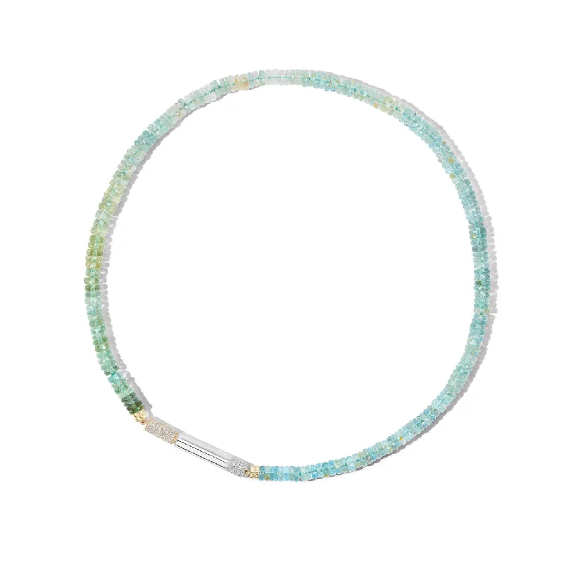 women's wedding necklaces-SHADED AQUAMARINE NECKLACE WITH CIGARETTE CLASP IN 18K WHITE AND YELLOW GOLD