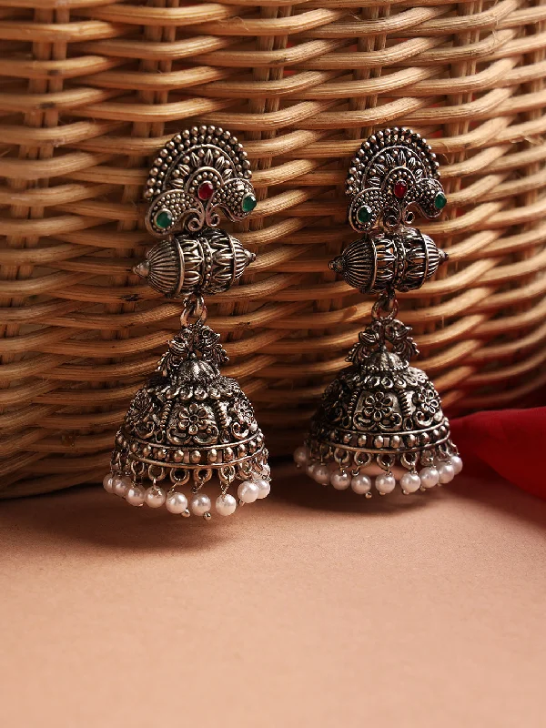 women's birthstone earrings-Oxidised Peacock Shaped Silver-Plated Red & Green Stone Studded & Beaded Jhumkas