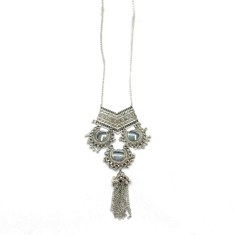 women's silver chain necklaces-Striking Chic long Afghani style Necklace with mirrors in Tribal Style