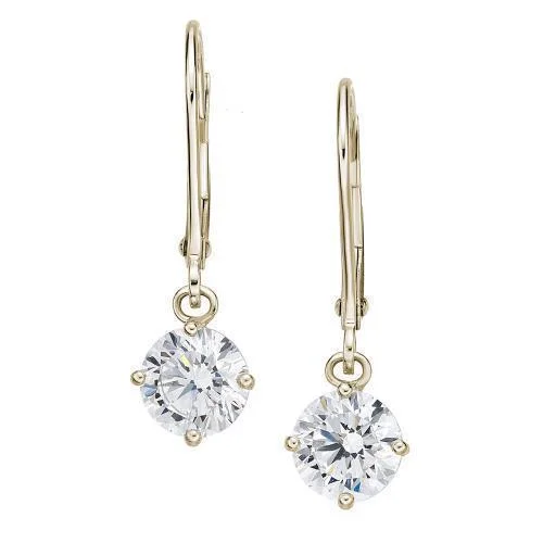 women's floral earrings-Round Brilliant drop earrings with 2 carats* of diamond simulants in 10 carat yellow gold