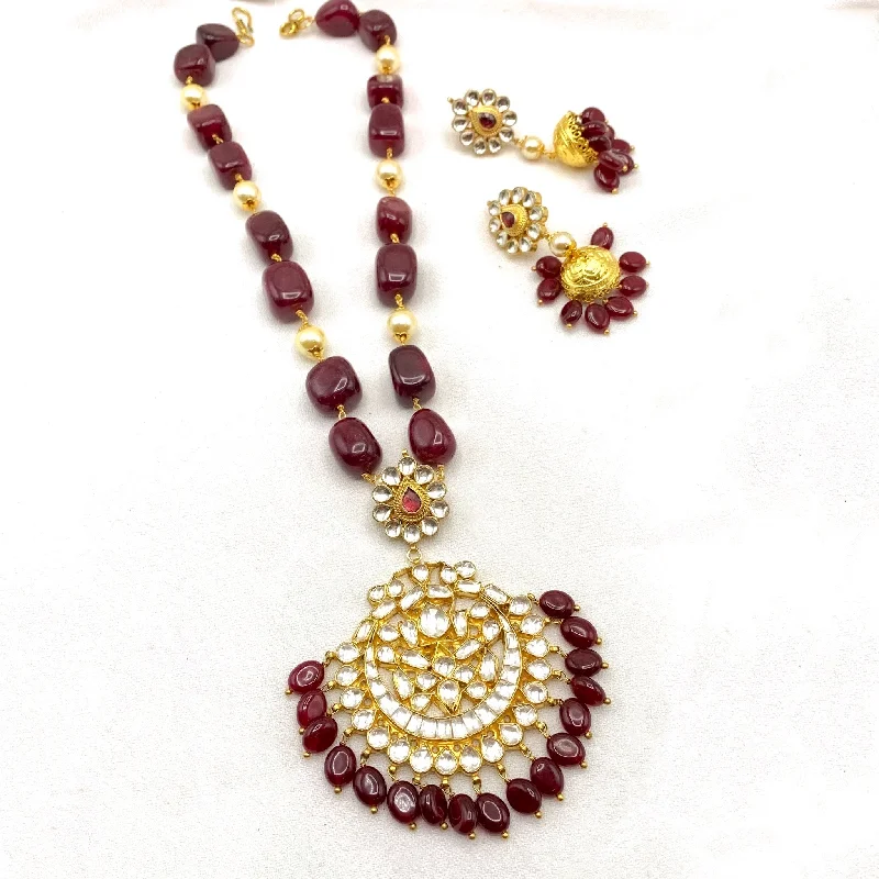 women's cubic zirconia necklaces-Handmade Royal Polki Kundan Necklace with Maroon red Agate Nugget Beads with Jhumka