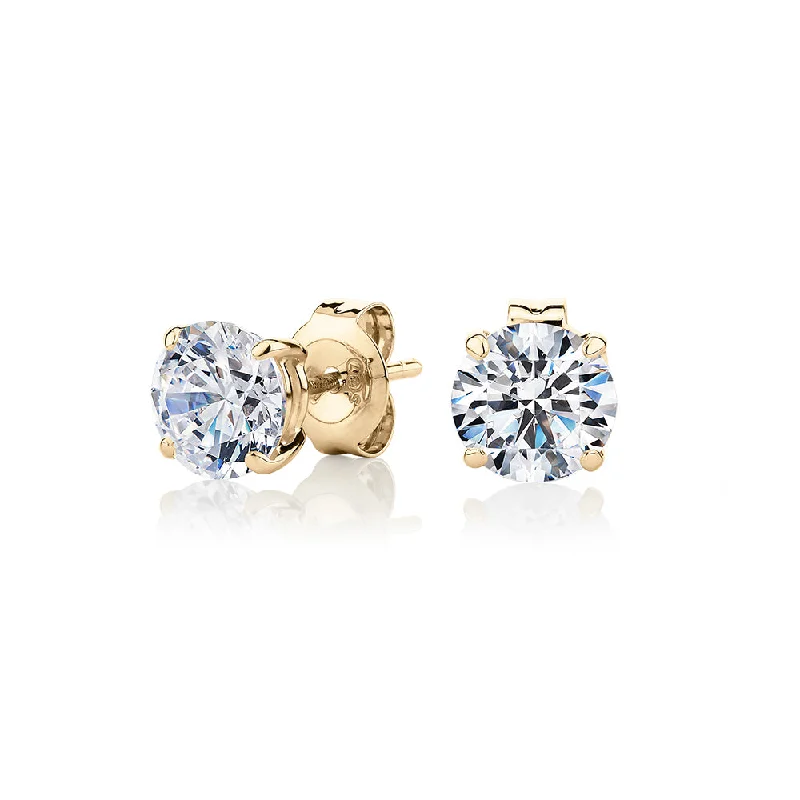 women's elegant drop earrings-Round Brilliant stud earrings with 2 carats* of diamond simulants in 10 carat yellow gold