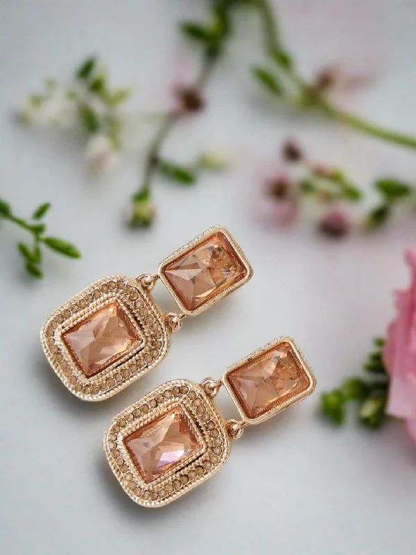 women's modern earrings-Peach Stone & Cz Studded Square Shaped Drop Earrings