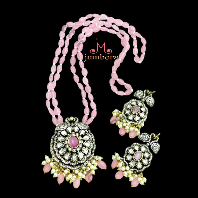 women's pendant and chain necklaces-Pink Cat Eye & White AD Zircon Victorian Pendant with Pink Monalisa Beads Necklace Set