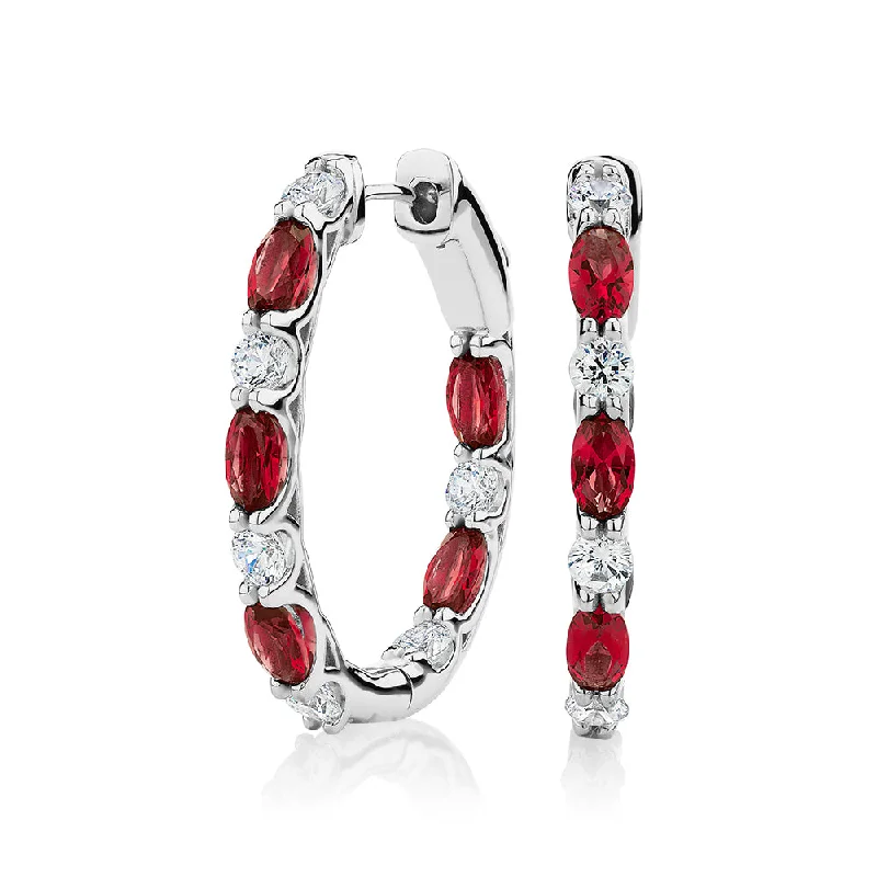 women's infinity earrings-Round Brilliant and Oval hoop earrings with ruby simulants and 1.32 carats* of diamond simulants