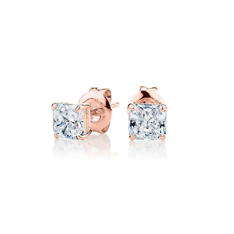 women's minimalist stud earrings-Princess Cut stud earrings with 1 carat* of diamond simulants in 10 carat rose gold