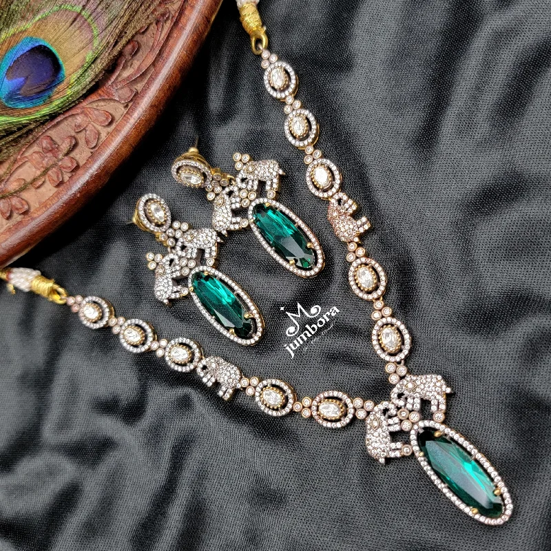 women's custom name necklaces-Teal Green & White AD Zircon Victorian Necklace