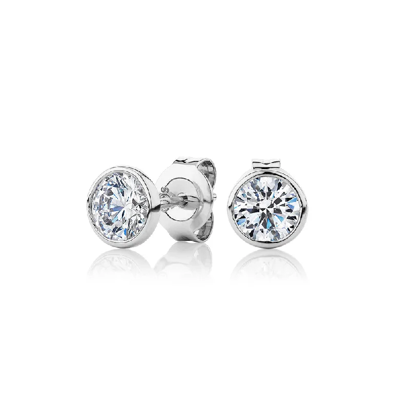 women's statement gemstone earrings-Round Brilliant stud earrings with 1 carat* of diamond simulants in 10 carat white gold