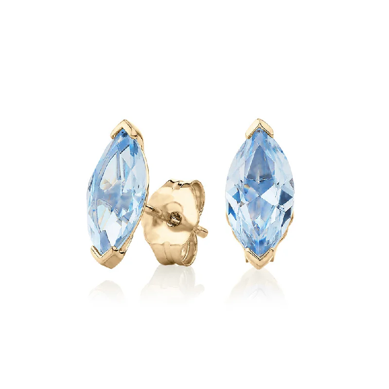 women's bohemian earrings-Marquise stud earrings with aquamarine simulants in 10 carat yellow gold