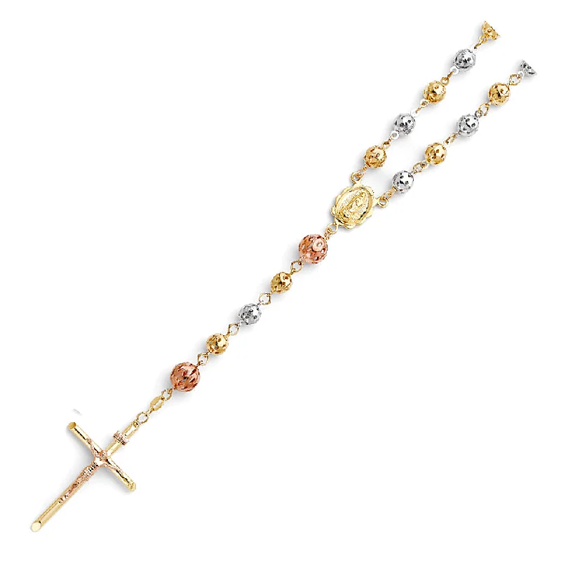 women's spiritual necklaces-14K THREE-COLORED GOLD 6MM PUFF BALL ROSARY NECKLACE