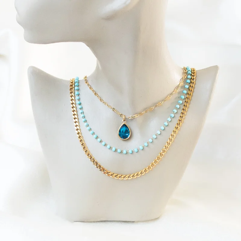 women's gemstone necklaces-Blue Stone Triple Layered Necklace