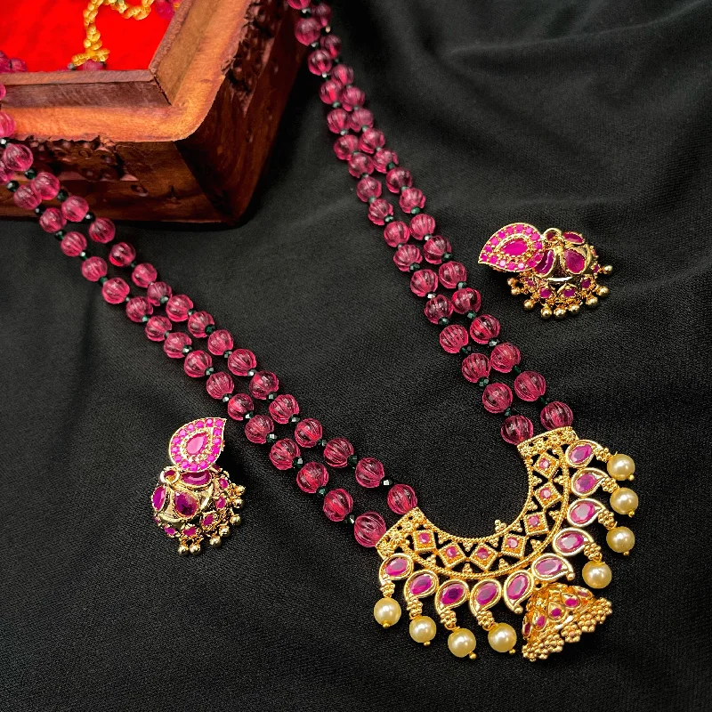 women's luxury necklaces-Ruby Pink Pumpkin Bead Mala Necklace Set