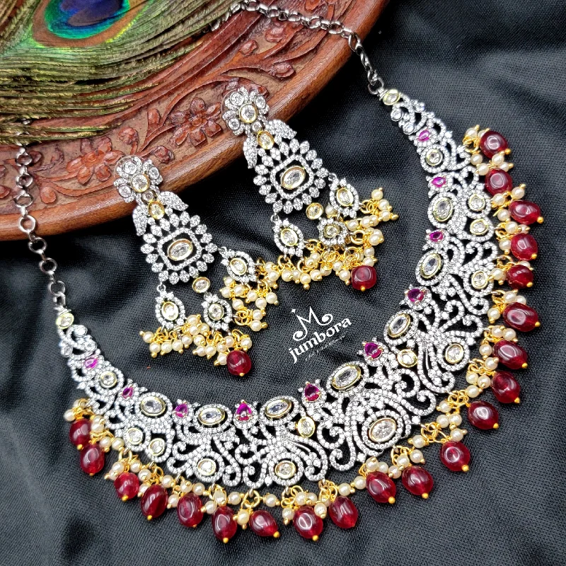 women's layered gold necklaces-Ruby Red & White AD Zircon Victorian Bridal Necklace