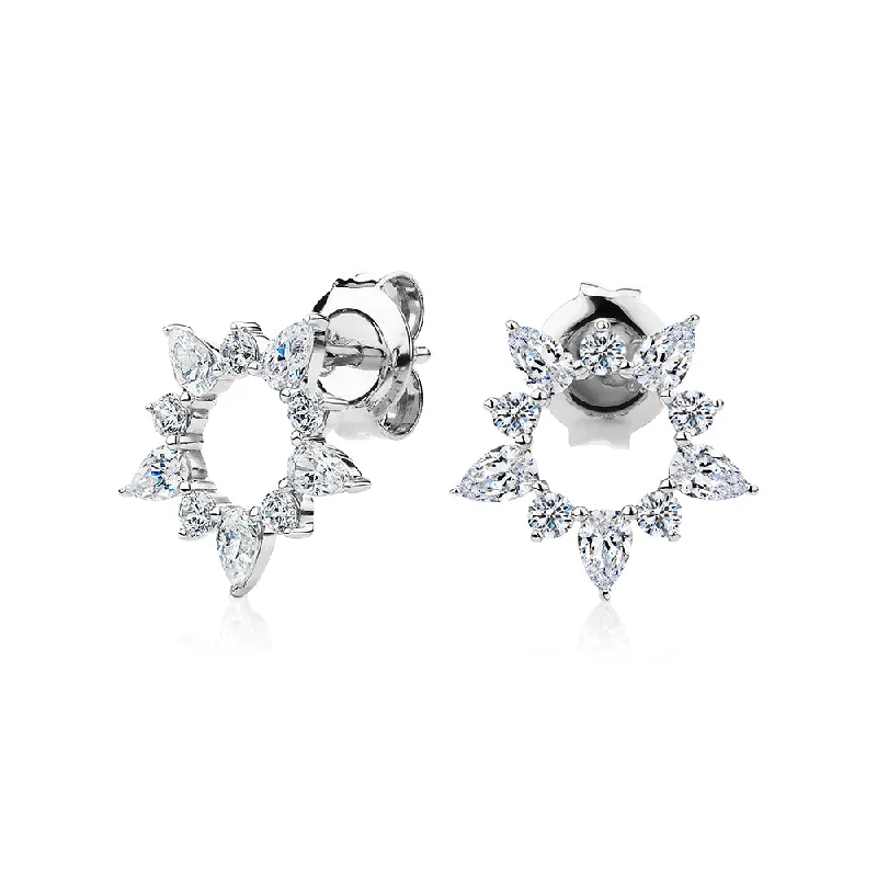 women's statement earrings-Pear and Round Brilliant fancy earrings with 1.45 carats* of diamond simulants in 10 carat white gold