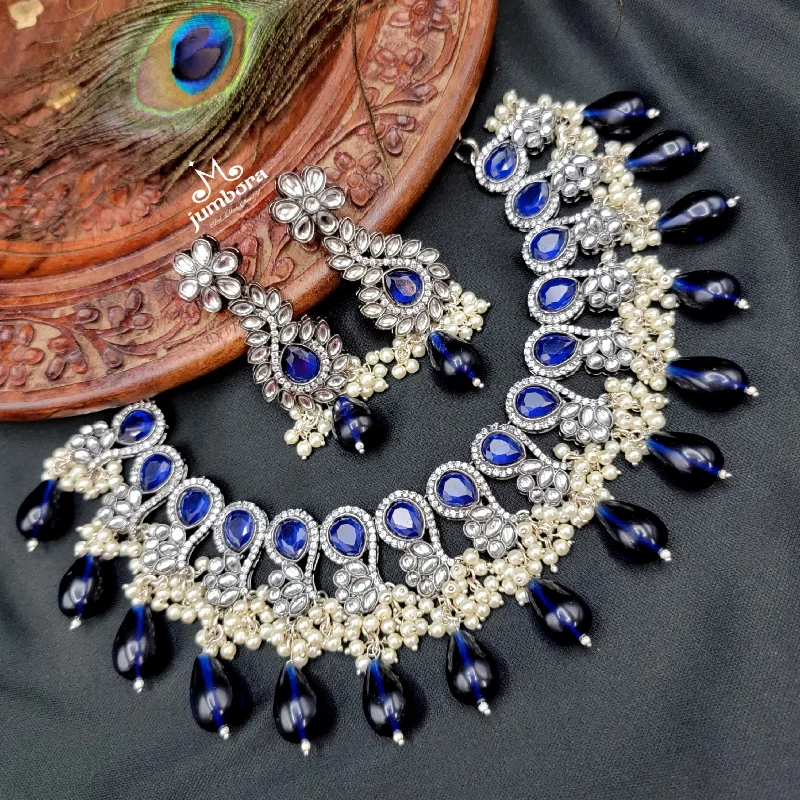 women's romantic necklaces-Sapphire Blue AD Zircon Victorian Kundan Monalisa Bridal Necklace