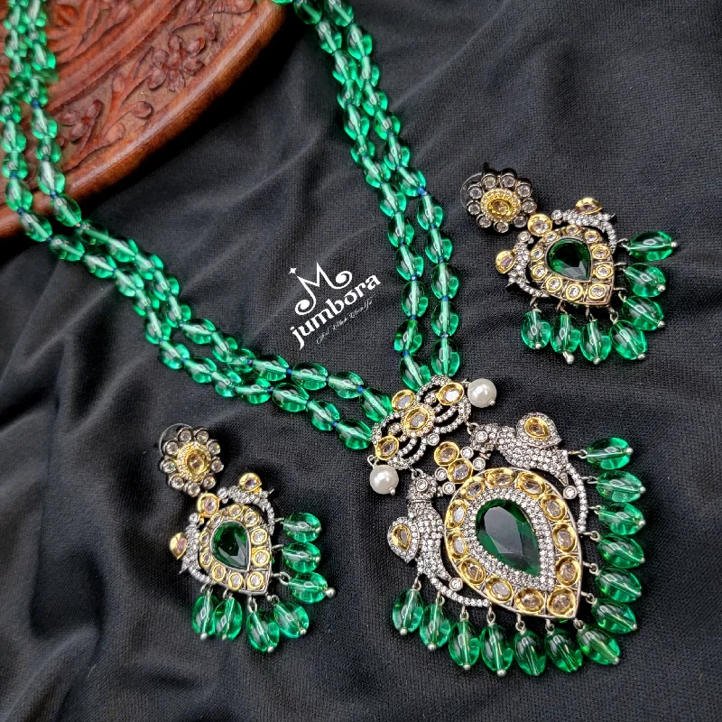 women's trendy necklaces-Long Moissanite & AD Zircon Victorian Parrot Pendant Green Monalisa Beads Necklace Set