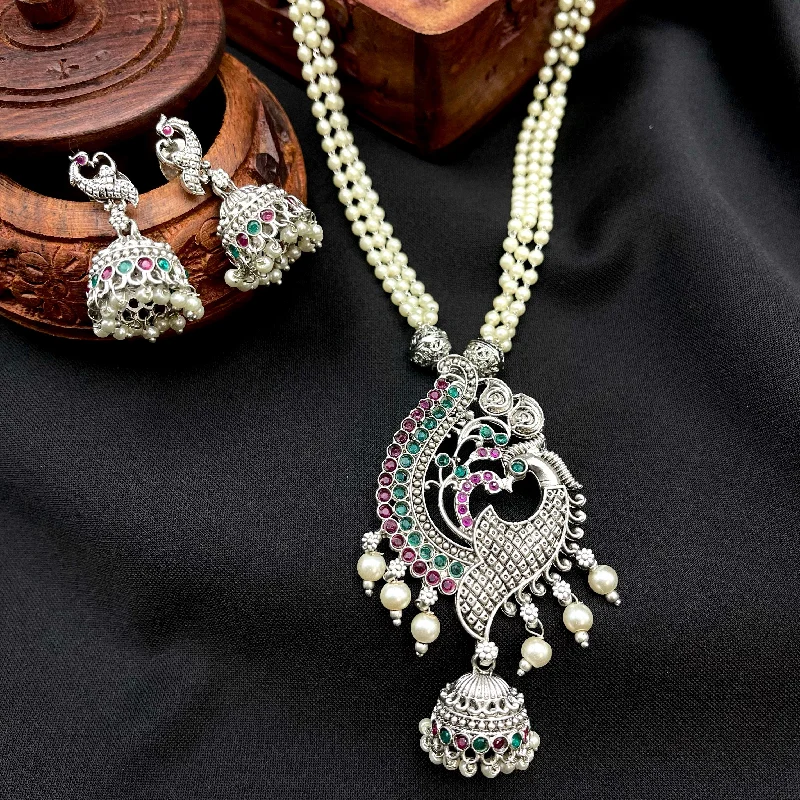 women's trendy necklaces-Peacock Oxidized German Silver Pearl Mala Necklace with Jhumka