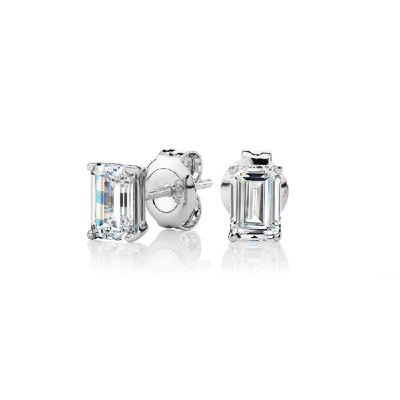 women's boho style earrings-Emerald Cut stud earrings with 1 carat* of diamond simulants in 10 carat white gold