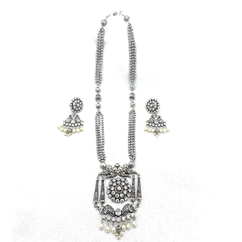 women's delicate necklaces-Trendsetting Oxidized silver-tone necklace set with CZ stones