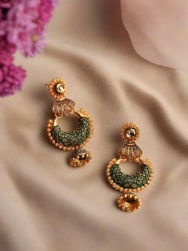 women's textured earrings-Green & Gold-Toned Dome Shaped Jhumka Earrings