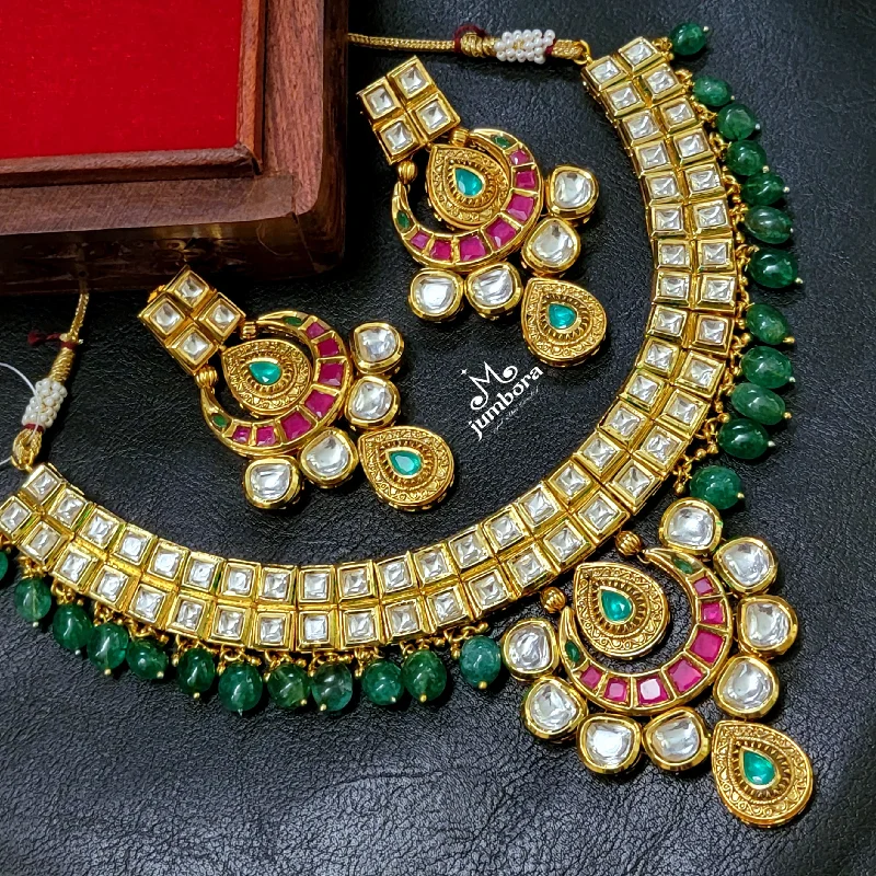 women's layered silver necklaces-Bridal Royal Paachi Kundan Necklace Set