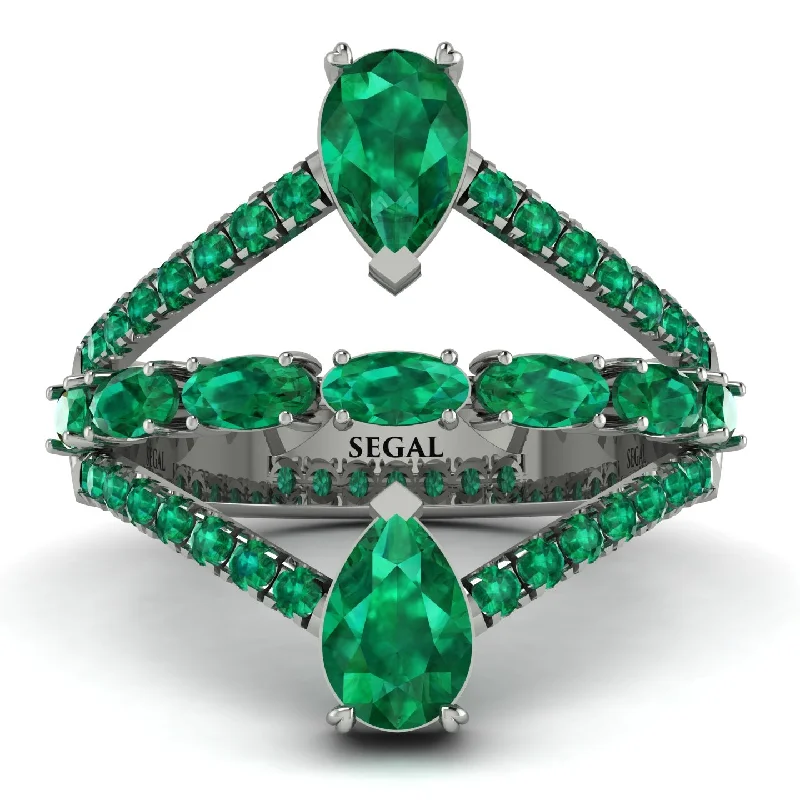 women's halo diamond rings-Symmetrical Twist Shank Pear Emerald Ring - Eliza No. 21