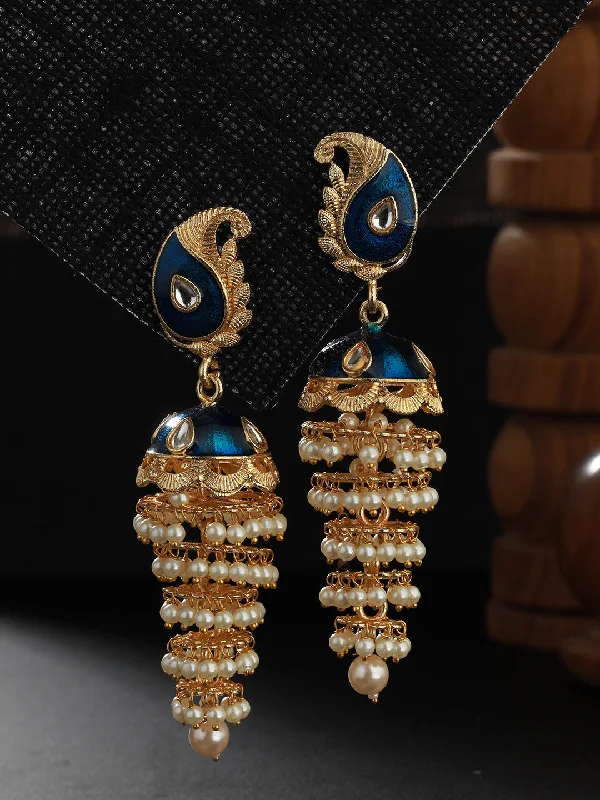 women's textured earrings-Blue Gold-Plated Kundan-Studded & Meenakari Jhumkas Earrings