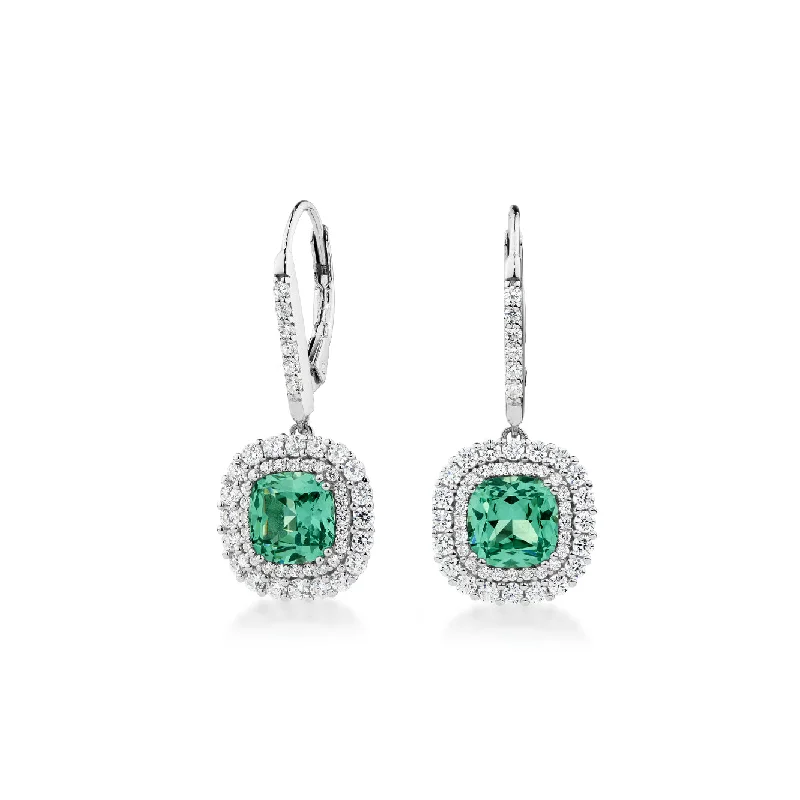 women's vintage earrings-Cushion and Round Brilliant drop earrings with ocean green simulants and 0.96 carats* of diamond simulants in sterling silver