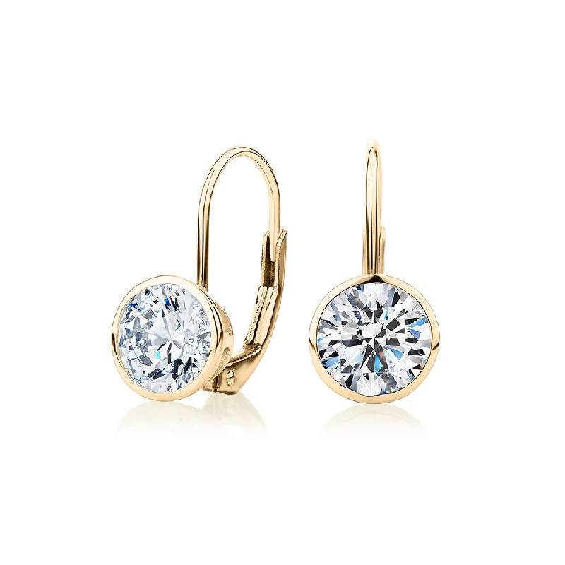 women's long chain earrings-Round Brilliant drop earrings with 2 carats* of diamond simulants in 10 carat yellow gold