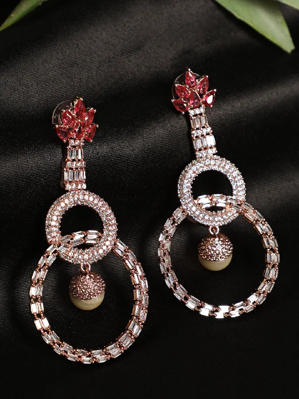 women's layered earrings-Red & Rose Gold-Plated American Diamond Circulat Shaped Drop Earrings