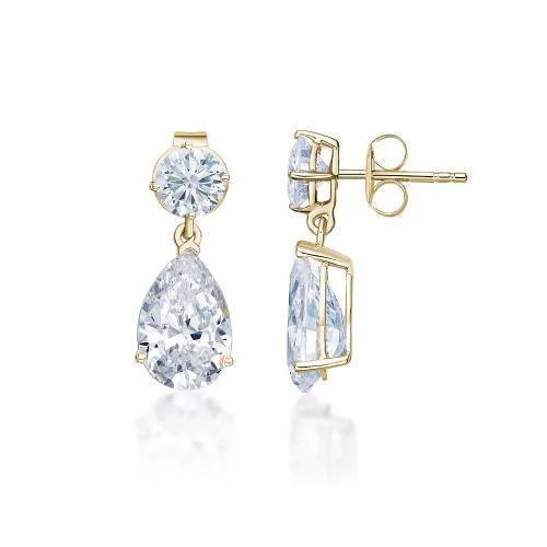 women's romantic earrings-Pear and Round Brilliant drop earrings with 4.52 carats* of diamond simulants in 10 carat yellow gold