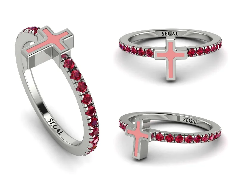 women's bold statement rings-Elegant Enamel Cross Ruby Ring - Cross No. 12