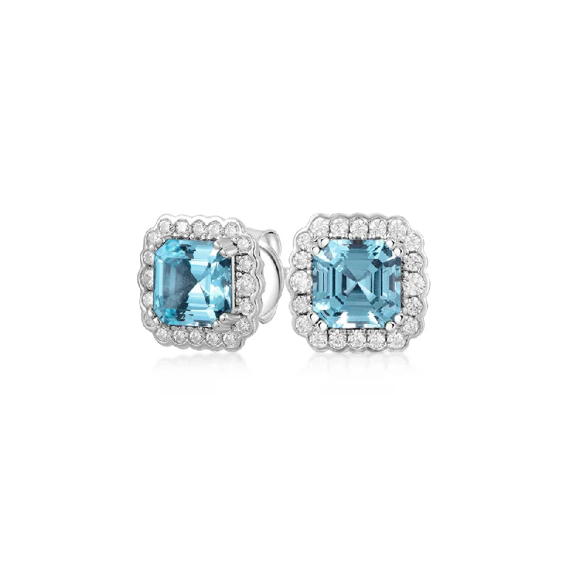 women's long chain earrings-Asscher and Round Brilliant halo stud earrings with blue topaz simulants and 0.42 carats* of diamond simulants in sterling silver