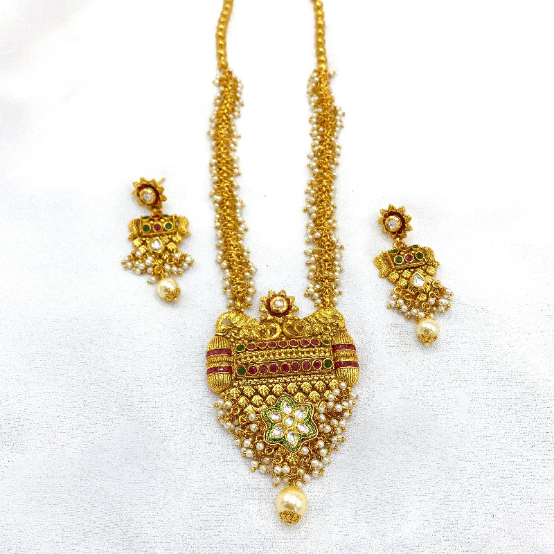 women's celestial necklaces-Glamorous Long Antique Necklace with Kundan and Pearls