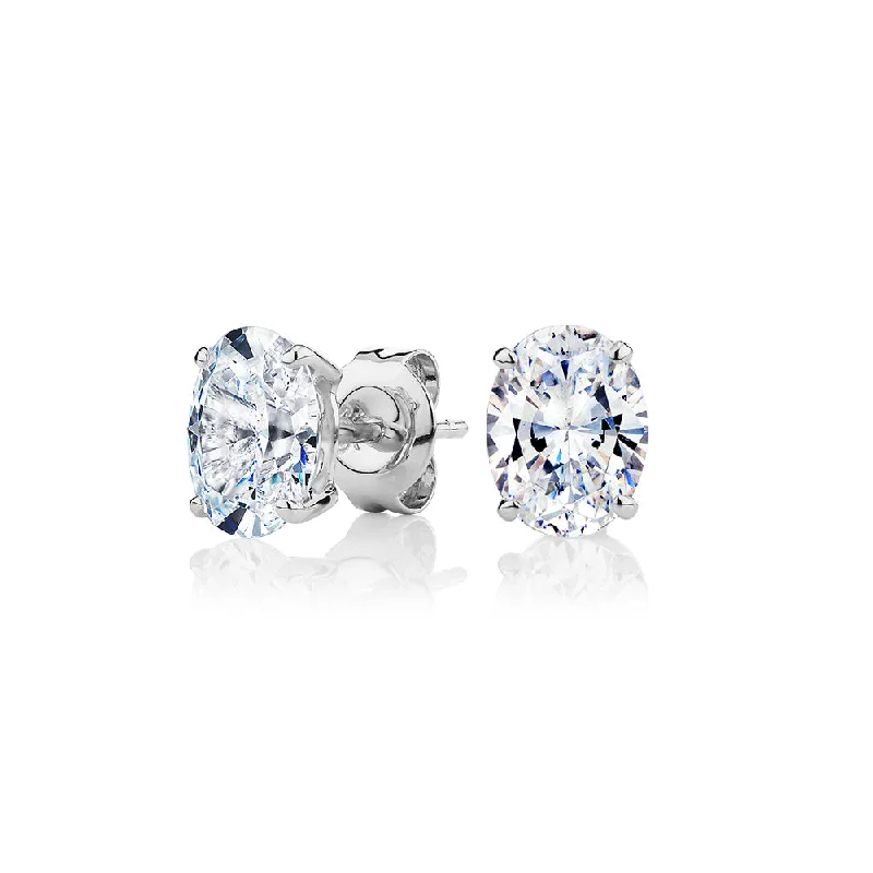 women's oversized earrings-Oval stud earrings with 2 carats* of diamond simulants in 10 carat white gold