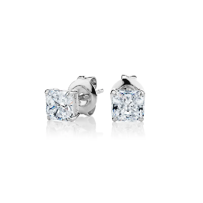 women's drop earrings-Princess Cut stud earrings with 1 carat* of diamond simulants in 10 carat white gold