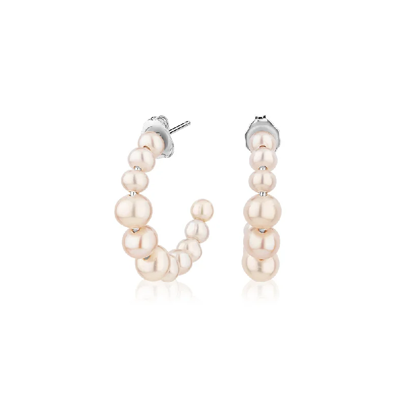 women's wedding earrings-Cultured freshwater pearl hoop earrings in sterling silver