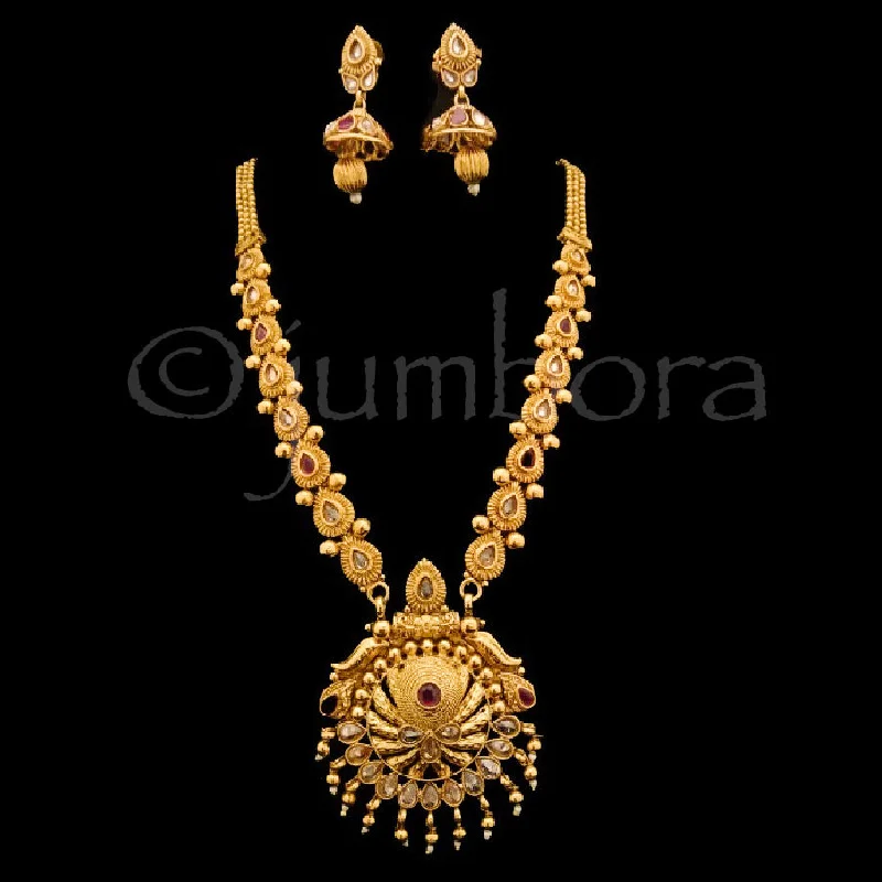 women's stackable necklaces-Long Antique Gold Haaram Necklace with Jhumka