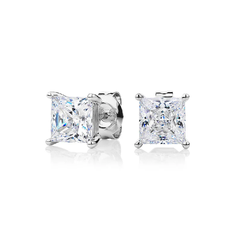 women's huggie earrings-Princess cut stud earrings with 2.48 carats* of diamond simulants in 10 carat white gold