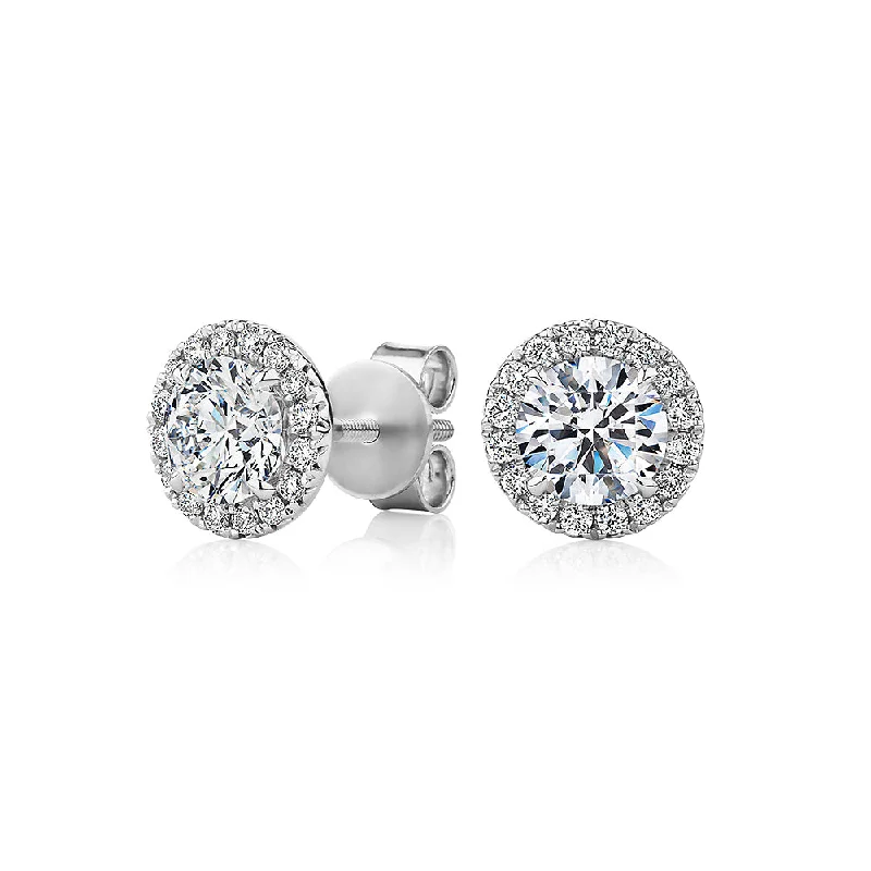 women's moonstone earrings-Signature Simulant Diamond 1.67 carat* TW round brilliant halo earrings in 14 carat white gold