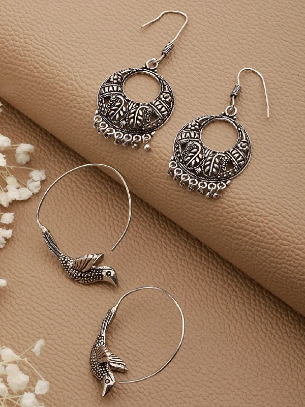 women's small statement earrings-Set Of 2 Silver Plated Brid Shaped Hoop & Chandbali Earrings