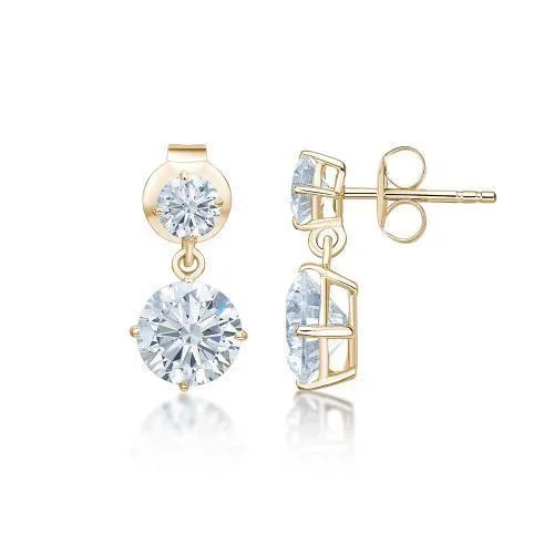 women's infinity loop earrings-Round Brilliant drop earrings with 2.56 carats* of diamond simulants in 10 carat yellow gold