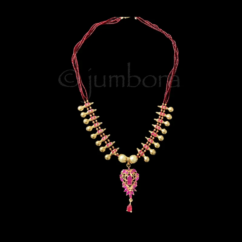 women's two-layer necklaces-Ruby Red AD Pendant with Maroon Beads Addiga Necklace