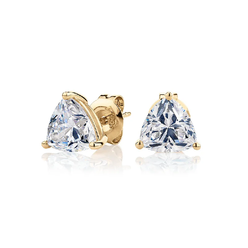 women's crystal earrings-Trilliant stud earrings with 2.2 carats* of diamond simulants in 10 carat yellow gold