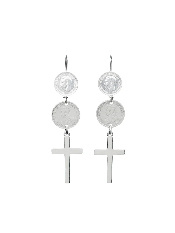 women's birthstone earrings-Double Coin Cross Earrings