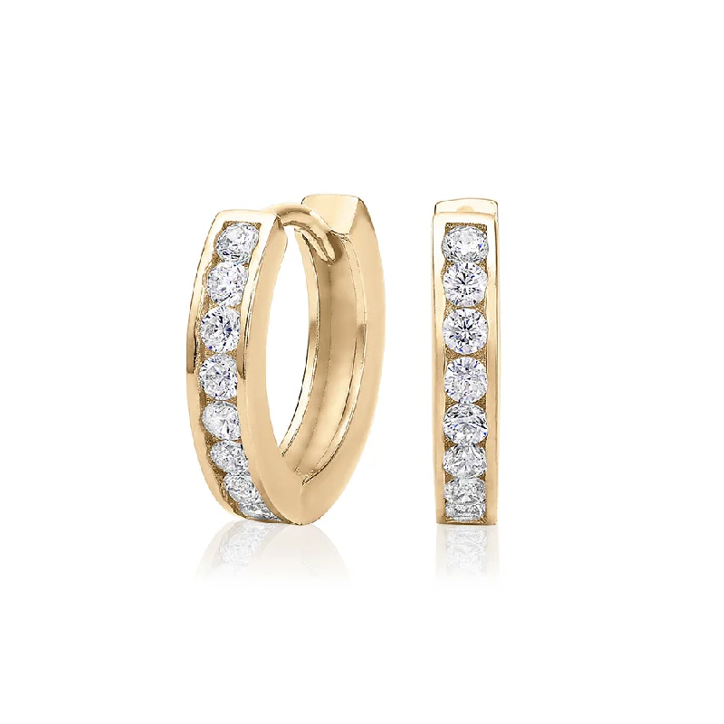 women's silver stud earrings-Round Brilliant hoop earrings with diamond simulants in 10 carat yellow gold