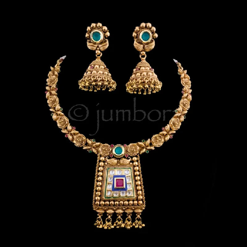 women's two-tone necklaces-Kundan Antique Gold Necklace with Jhumka