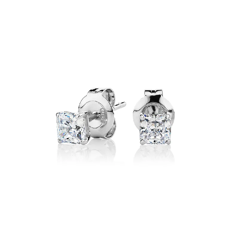 women's moonstone earrings-Princess Cut stud earrings with 0.5 carats* of diamond simulants in 10 carat white gold